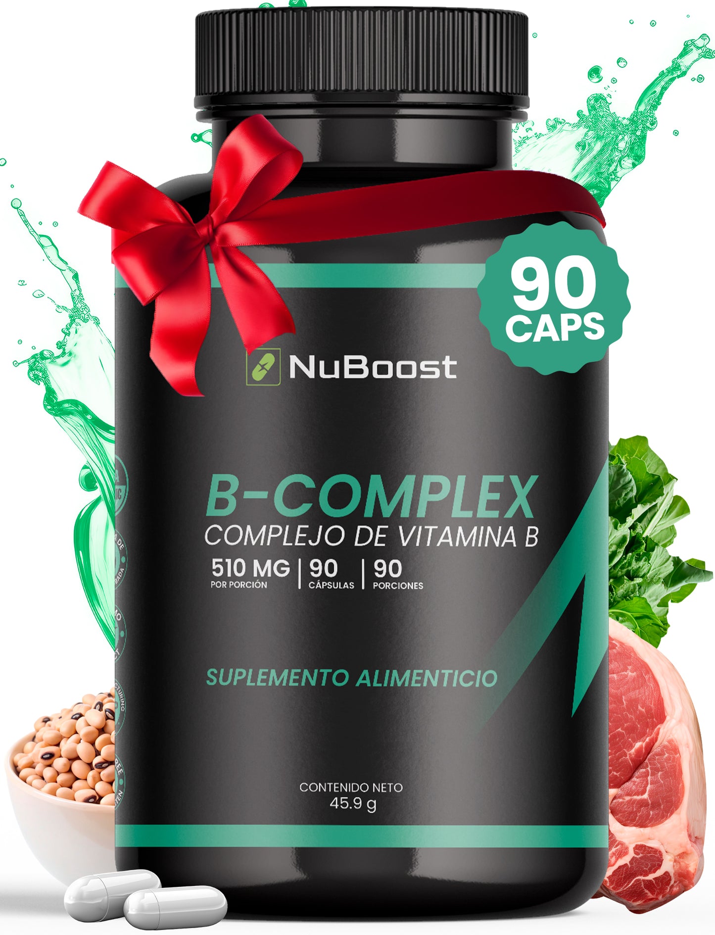 Nuboost Complejo B Completo - 510 mg 90 cápsulas - Vitamina B1, B2, B3, B5, B6, B7, B9, B12 - B Complex - MADE IN USA