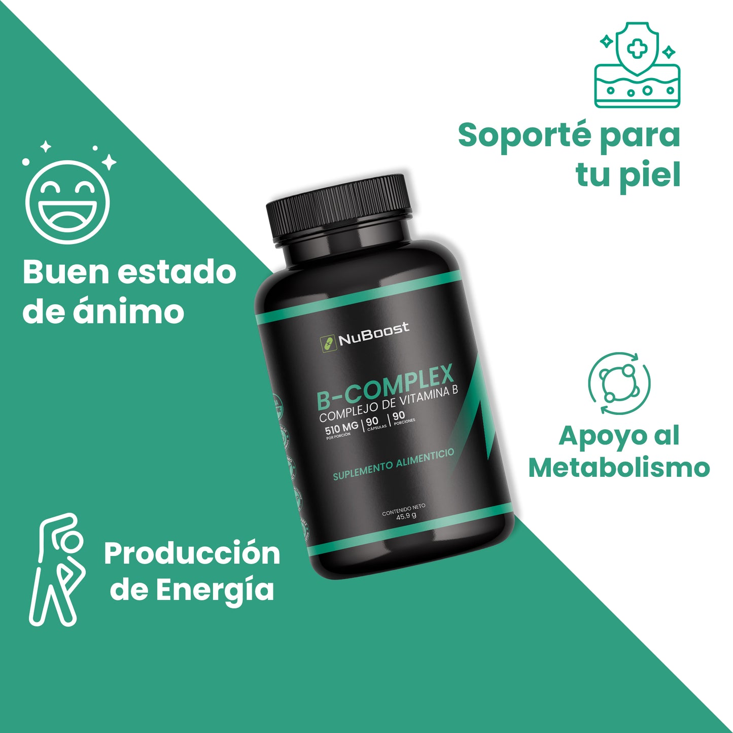 Nuboost Complejo B Completo - 510 mg 90 cápsulas - Vitamina B1, B2, B3, B5, B6, B7, B9, B12 - B Complex - MADE IN USA