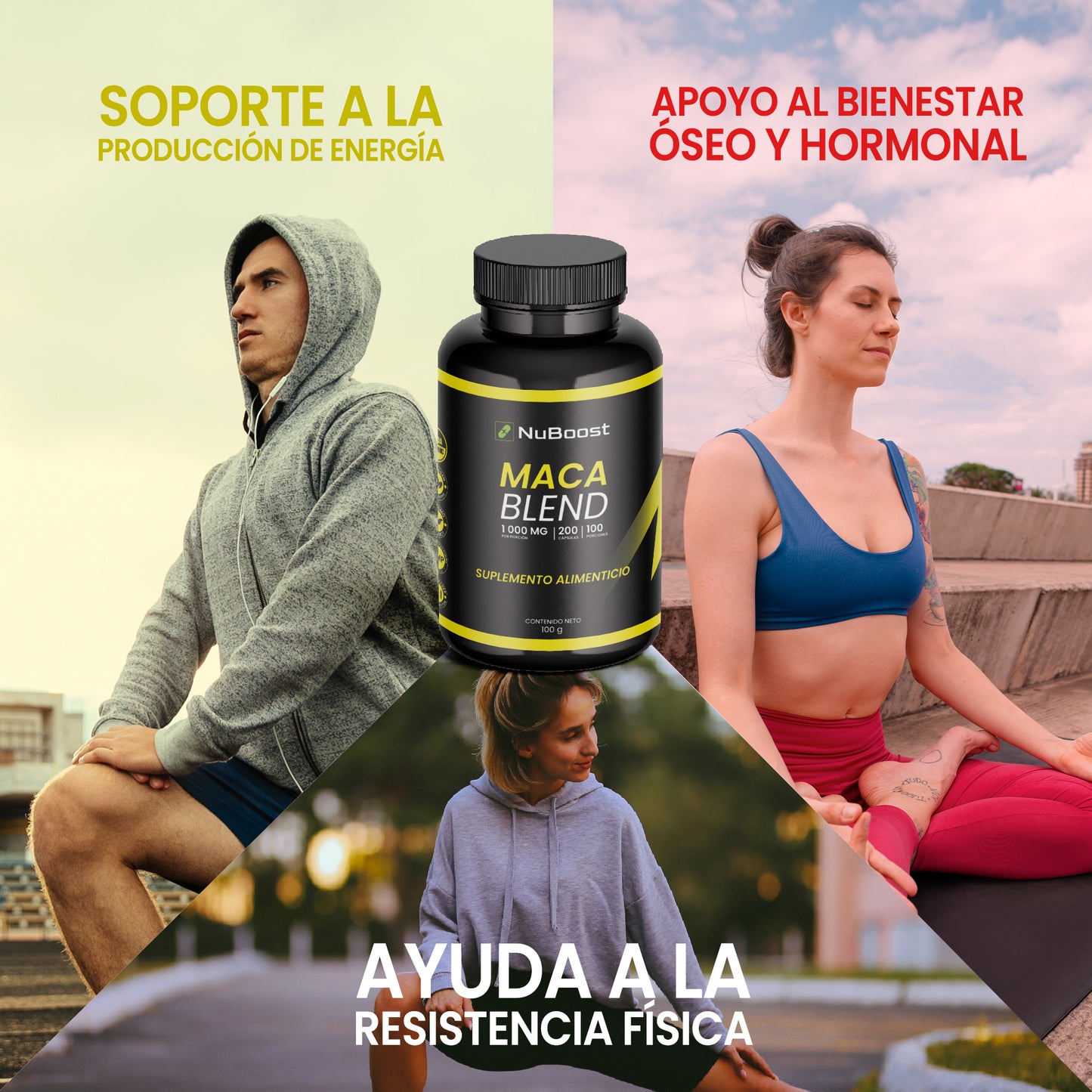 Nuboost Maca Blend - 1000 mg 200 cápsulas - Maca Peruana - Maca Negra, Maca Roja y Maca Amarilla con Pimienta Negra - Maca en polvo encapsulado - Sin OMG, Certificado USDA - MADE IN USA.