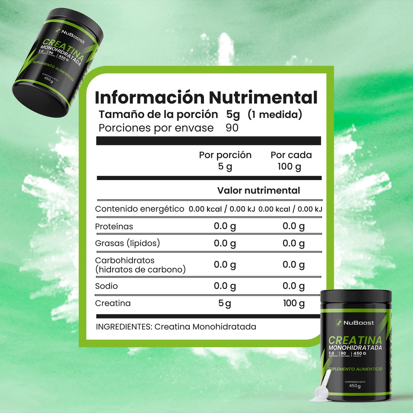 Creatina Monohidratada NuBoost 450g 90 porciones de suplemento en polvo