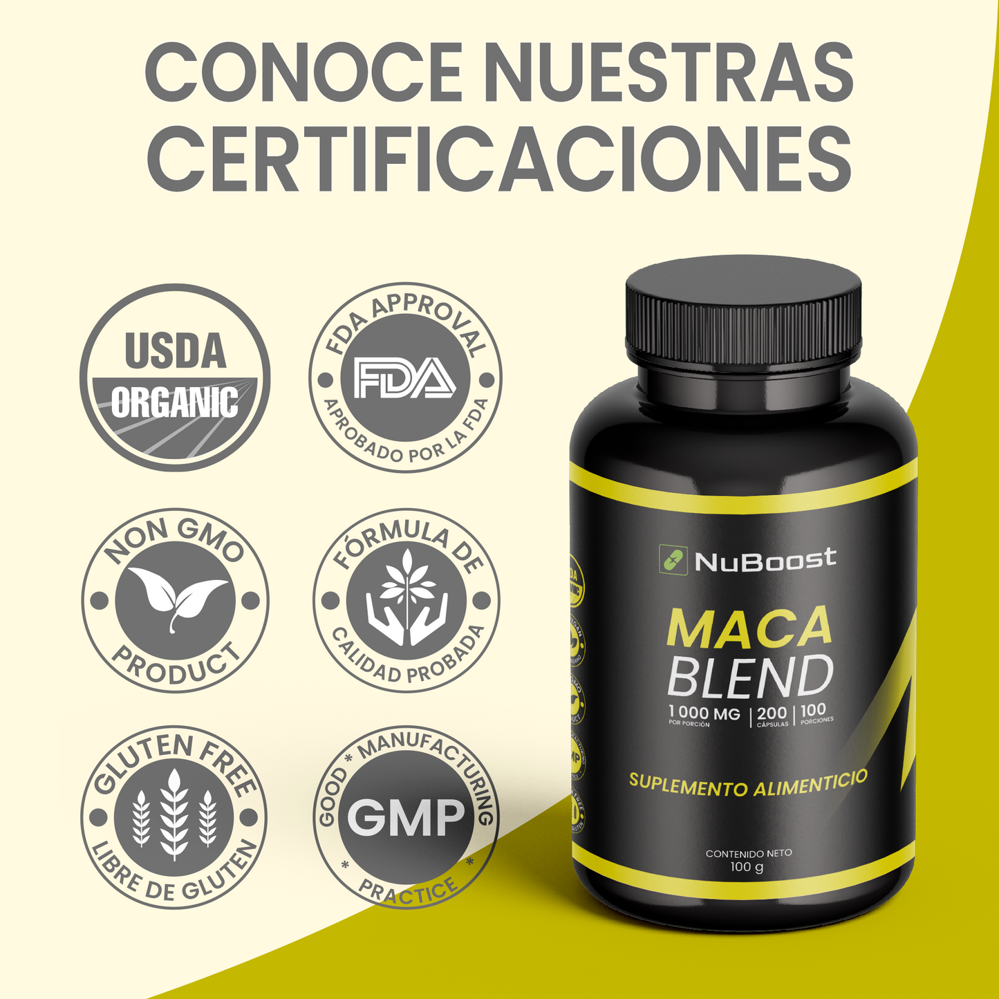 Nuboost Maca Blend - 1000 mg 200 cápsulas - Maca Peruana - Maca Negra, Maca Roja y Maca Amarilla con Pimienta Negra - Maca en polvo encapsulado - Sin OMG, Certificado USDA - MADE IN USA.