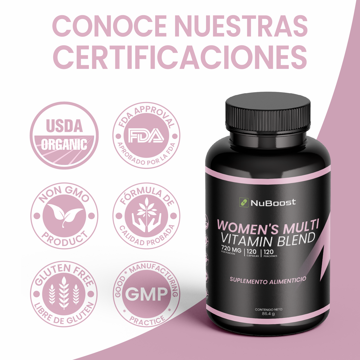 Nuboost Multivitaminico Mujer, Vitaminas para el cabello y Antioxidantes - 720 mg 120 cápsulas - Women Blend - Vitaminas para mujer con ácido fólico - MADE IN USA