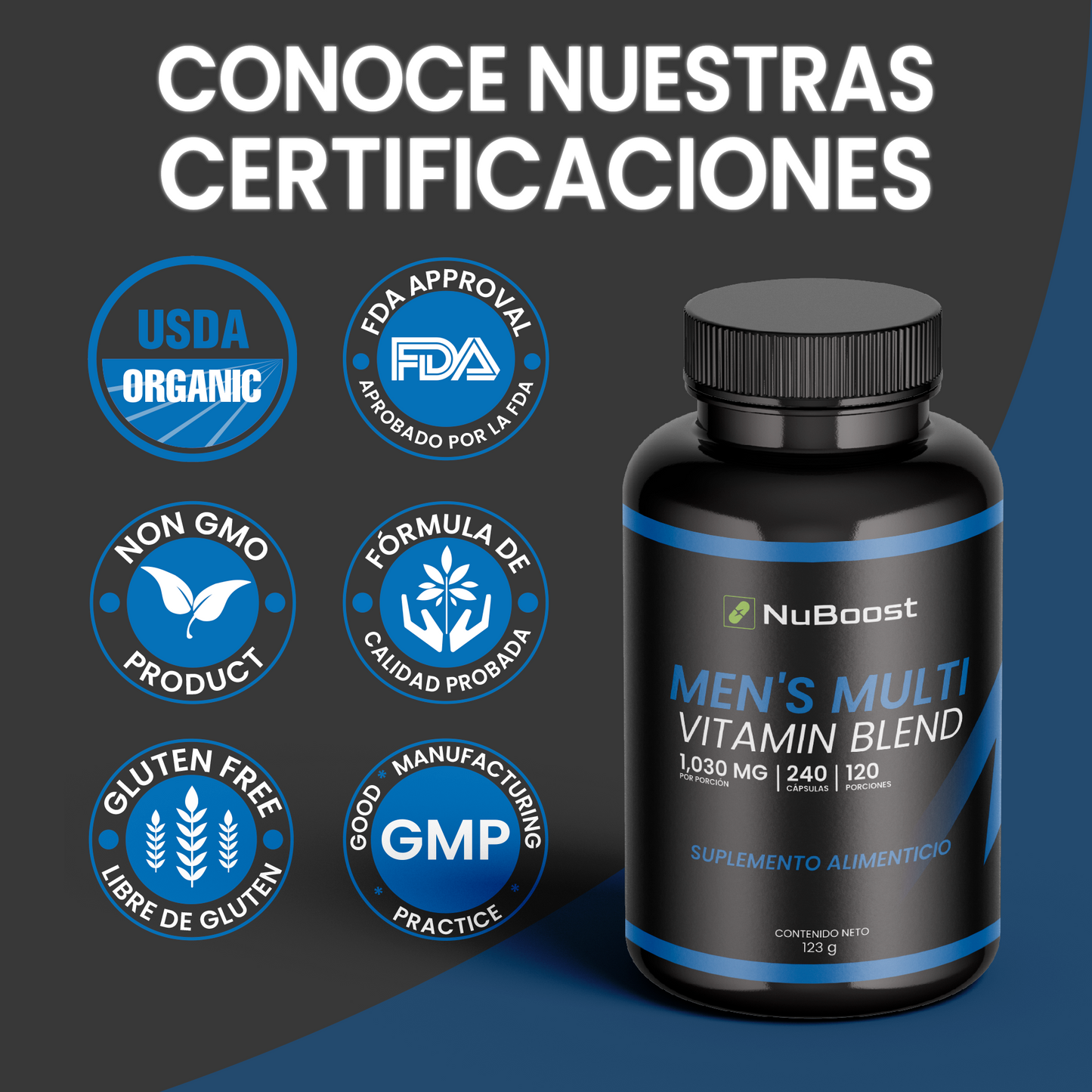 Nuboost Multivitaminico Hombre con Vitamina A, C, E, D3, K, Complejo B, Antioxidantes y Minerales - 980 mg 240 cápsulas - Mens Blend - Vitaminas para hombre - MADE IN USA