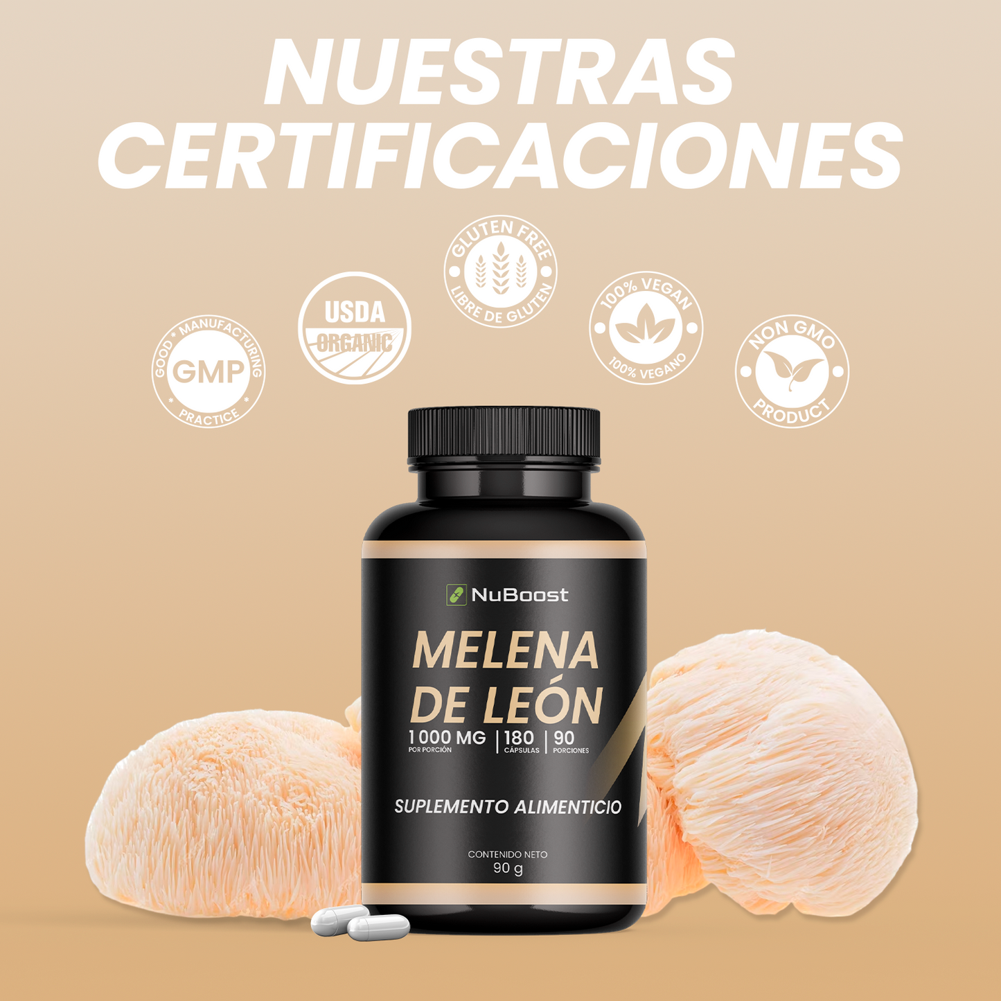 Melena de León Puro 180 Cápsulas 2 Cápsulas por porción 1000 mg