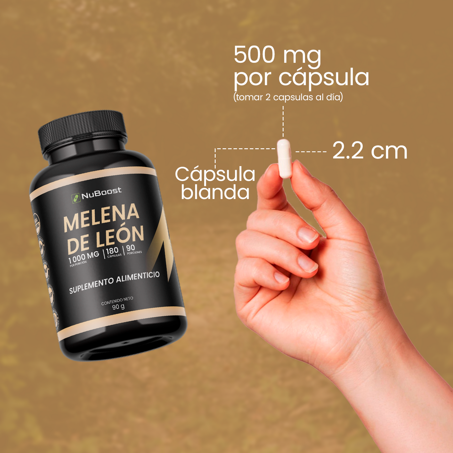 Melena de León Puro 180 Cápsulas 2 Cápsulas por porción 1000 mg