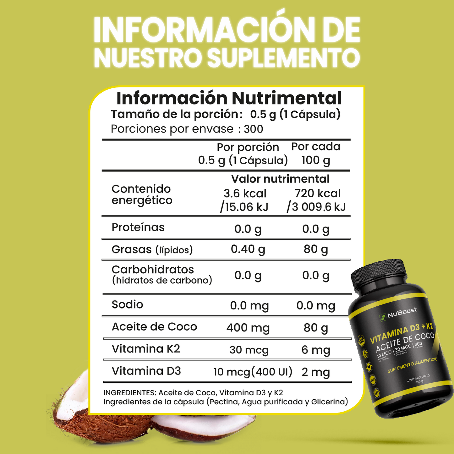 Vitamina D3 K2 y Aceite de Coco - 300 Cápsulas Blandas, 400 UI D3, 30 mcg K2 y 400 mg de Aceite de Coco