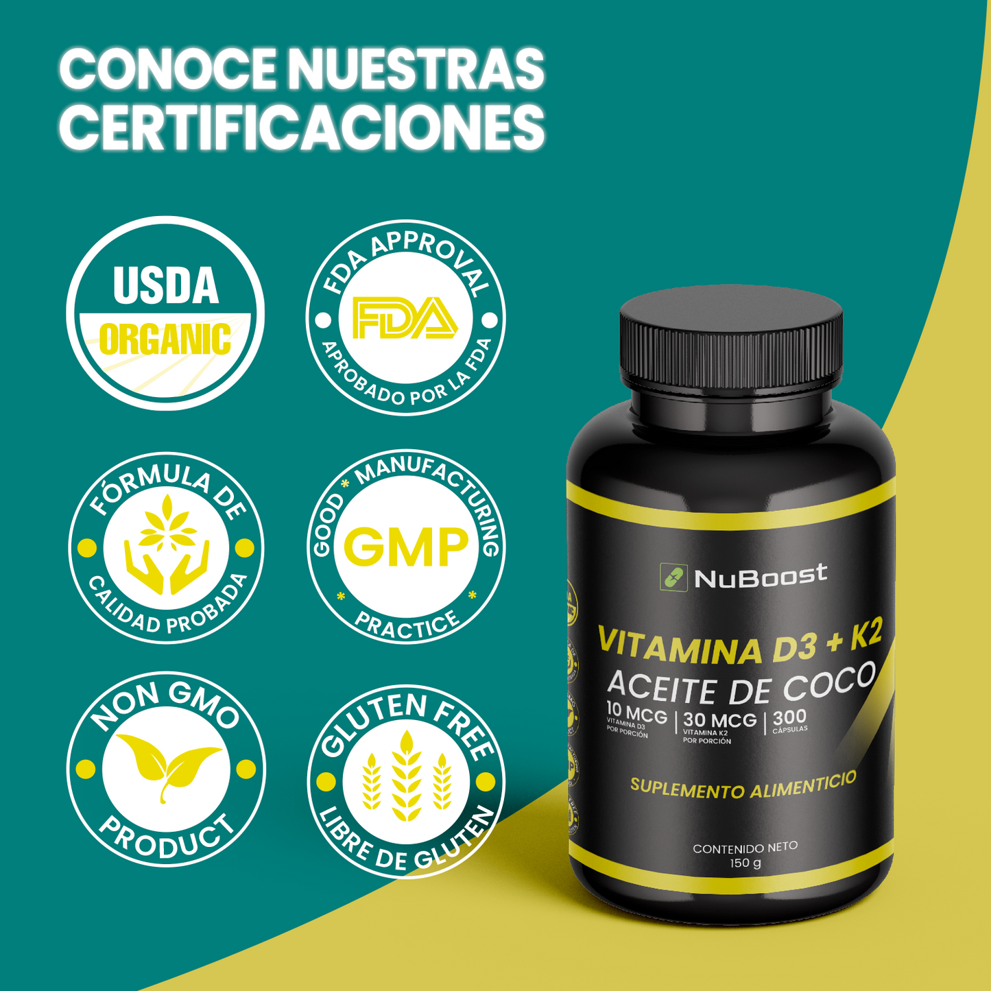 Vitamina D3 K2 y Aceite de Coco - 300 Cápsulas Blandas, 400 UI D3, 30 mcg K2 y 400 mg de Aceite de Coco