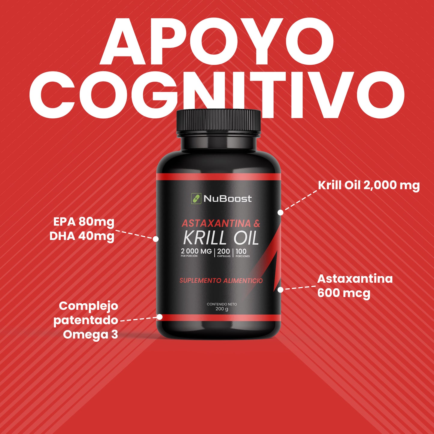 Nuboost Omega 3 Krill Oil con Astaxantina 2000 mg 200 capsulas - Aceite de Krill - Omega 3 EPA y DHA MADE IN USA