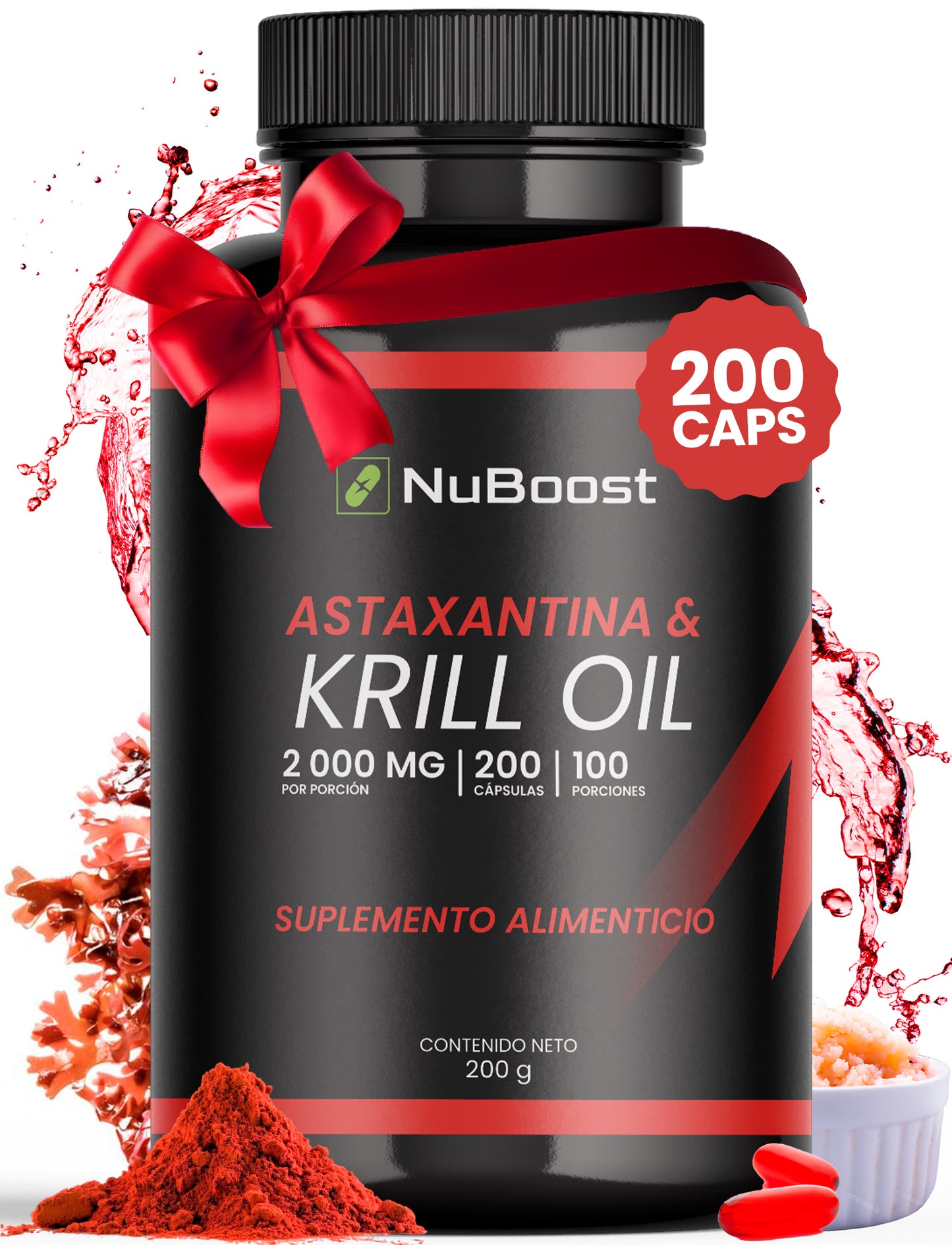 Nuboost Omega 3 Krill Oil con Astaxantina 2000 mg 200 capsulas - Aceite de Krill - Omega 3 EPA y DHA MADE IN USA