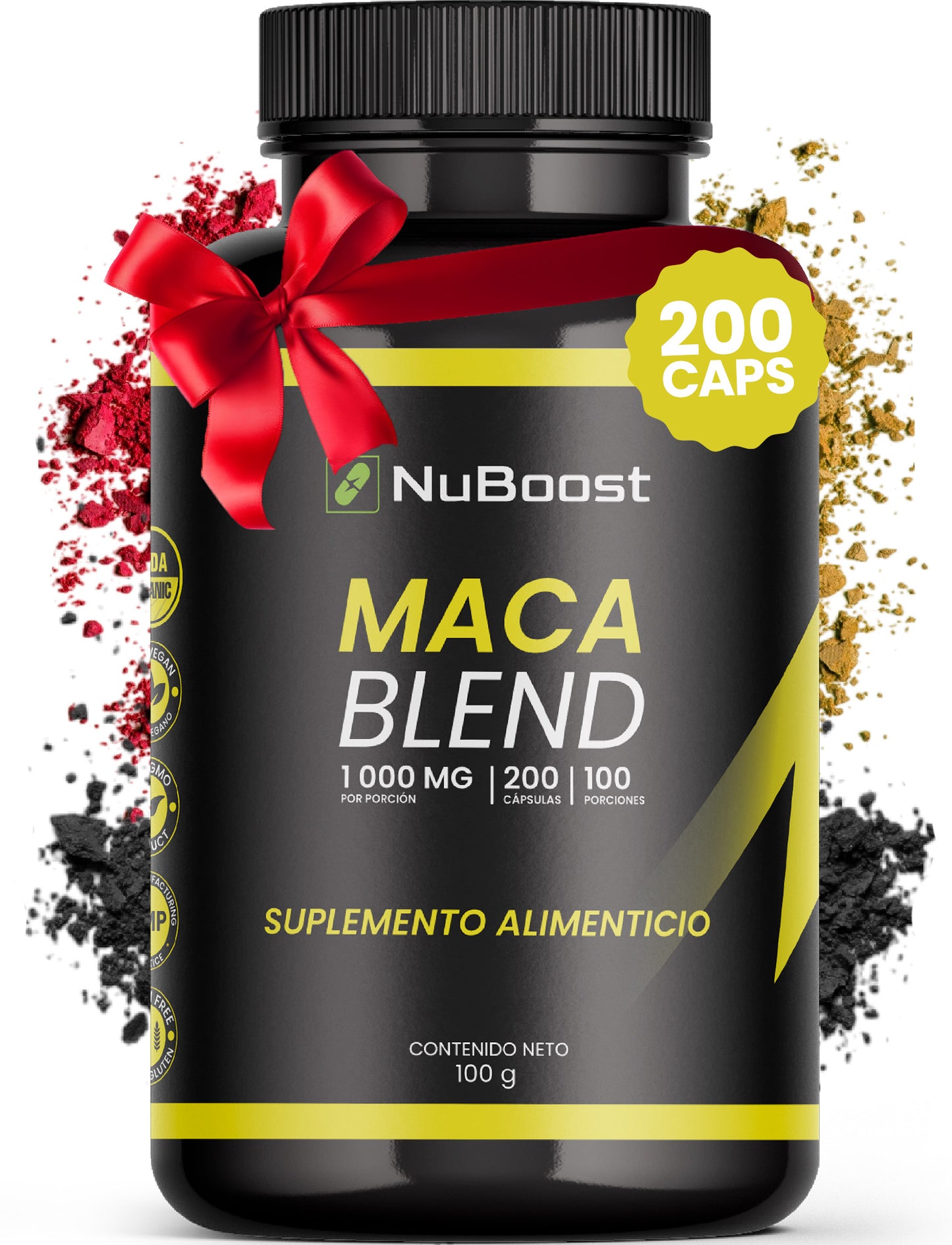 Nuboost Maca Blend - 1000 mg 200 cápsulas - Maca Peruana - Maca Negra, Maca Roja y Maca Amarilla con Pimienta Negra - Maca en polvo encapsulado - Sin OMG, Certificado USDA - MADE IN USA.