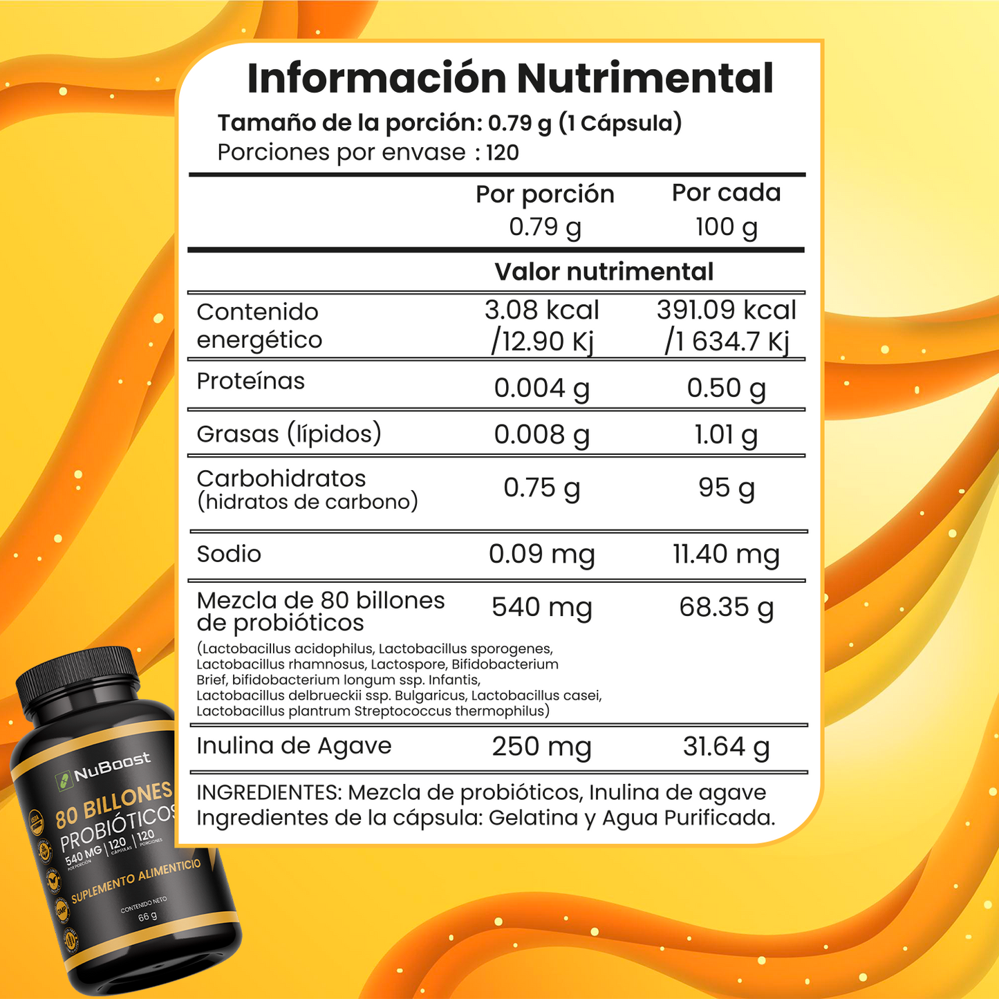 80 billones de probióticos, 120 Cápsulas, 1 Cápsula por porción 540 mg