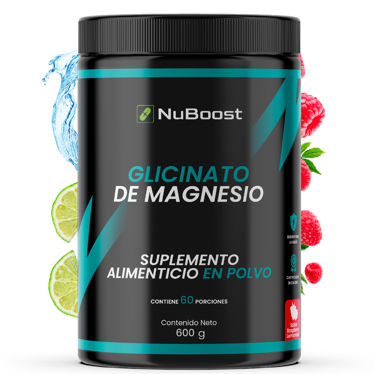 NuBoost Glicinato de Magnesio 500 mg en polvo - Sabor Limonada de Frambuesa - 600 g de Glicinato de magnesio en polvo con Colágeno - HECHO EN USA