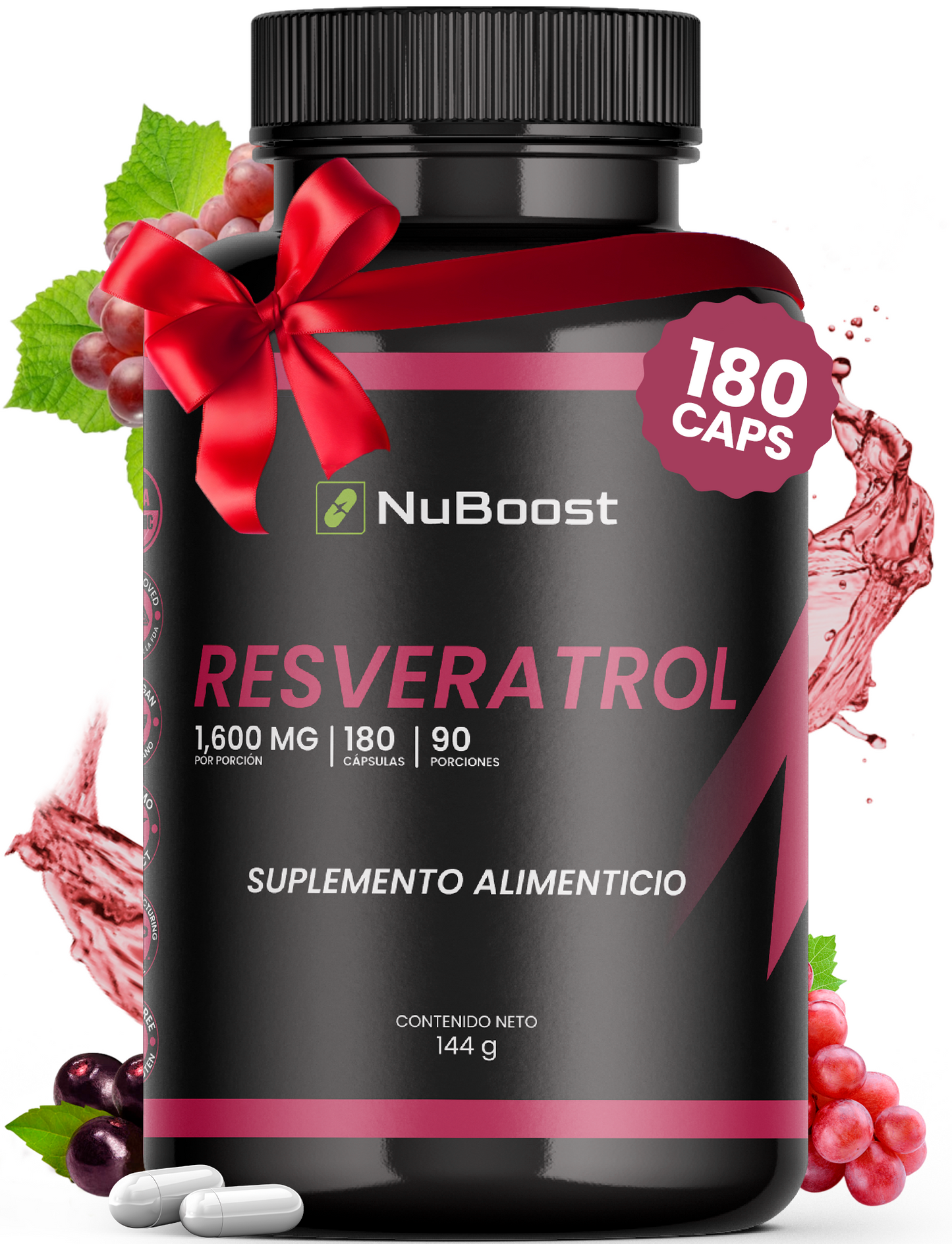 Resveratrol 1000 Mg Puro 180 Cápsulas, 2 Cápsulas por porción