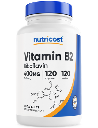 Vitamina B2 120 cápsulas 400 mg Nutricost Riboflavina 120 porciones