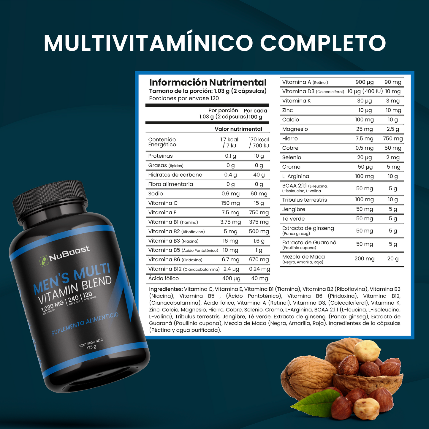 Nuboost Multivitaminico Hombre con Vitamina A, C, E, D3, K, Complejo B, Antioxidantes y Minerales - 980 mg 240 cápsulas - Mens Blend - Vitaminas para hombre - MADE IN USA