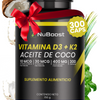 Vitamina D3 K2 y Aceite de Coco - 300 Cápsulas Blandas, 400 UI D3, 30 mcg K2 y 400 mg de Aceite de Coco