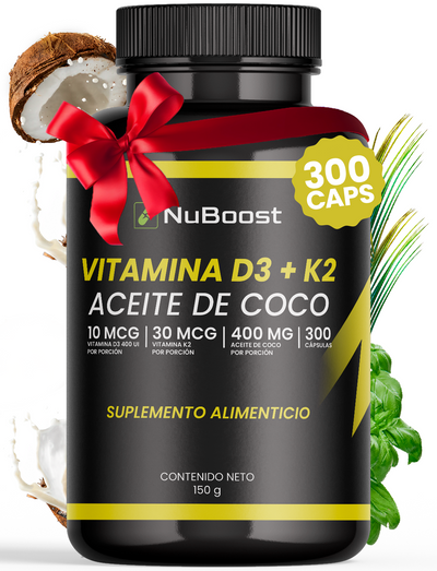 Vitamina D3 K2 y Aceite de Coco - 300 Cápsulas Blandas, 400 UI D3, 30 mcg K2 y 400 mg de Aceite de Coco