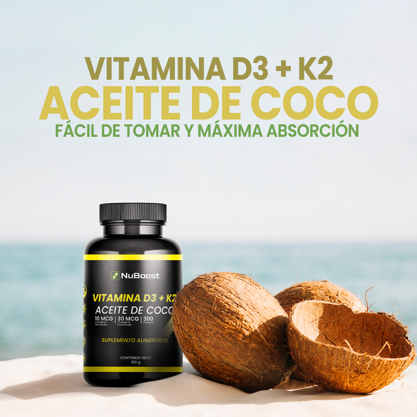 Vitamina D3 K2 y Aceite de Coco - 300 Cápsulas Blandas, 400 UI D3, 30 mcg K2 y 400 mg de Aceite de Coco