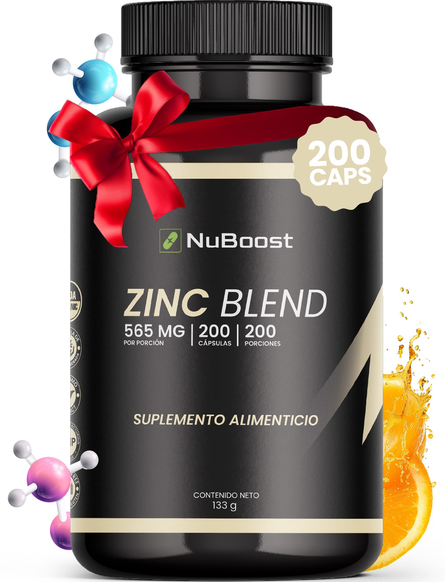 Nuboost Zinc Blend - 200 Cápsulas - Con Colágeno Hidrolizado, L-Arginina, Vitamina C y Zinc 500 mg por cápsula - Sin OMG, Certificado USDA - MADE IN USA